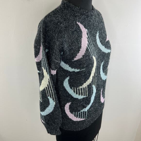 VINTAGE Adele Knitwear Retro Print Gray Silver Pullover Sweater Crew Neck 3 VTG - Picture 3 of 9